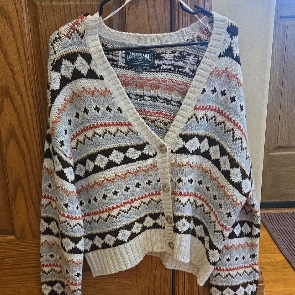 American Eagle Outfitters Women's Geometric Cardigan - Gray, Brown and Orange
